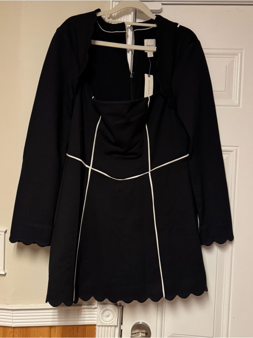 Maeve Black Dress with White Piping and Scalloped Trim
